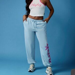 PLAYBOY Women's Sky Blue Joggers with Pink Logo